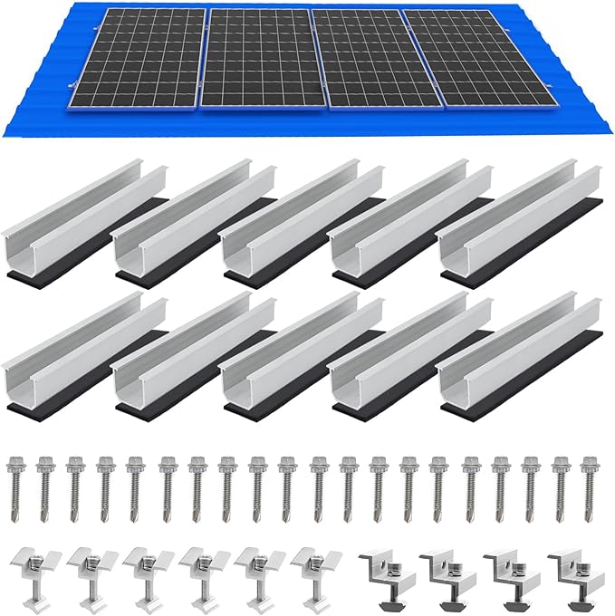 Solar Panel Mounting Brackets Roof Mount Kit Rails and Clamps Included for Thickness 1.18”-1.38” 4pcs in A Row Assembly on Tin Flat and Sheet Rooftop Aluminum Alloy