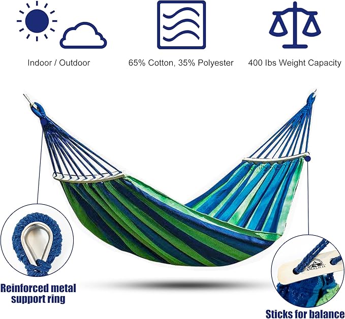 ANGELYCIA Brazilian Large Single Canvas Cotton Hammock | Weights up to 400 lb. | Indoor &amp Outdoor Hammock Bed for Stand Patio Garden Backyard Lounging | Hammocks for Outside (Rainbow Stripe)