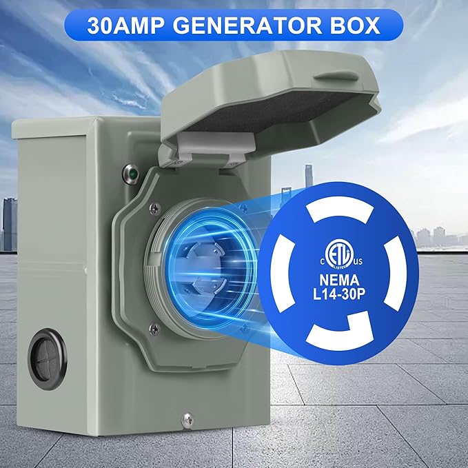 30 Amp Generator Inlet Box NEMA L14-30P Power Inlet Box for 4-Prong Generator Cord 125/250V 7500W Weatherproof Outdoor Box with Pre-Drilling Design &amp Green LED Indicator ETL Listed