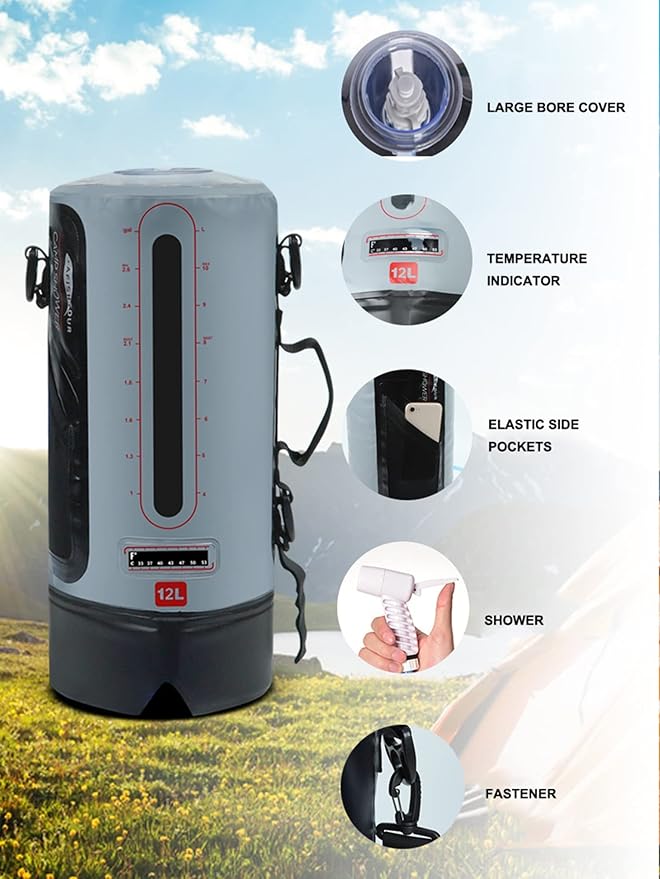 12L Camping Pressure Shower Bag Portable Solar Water Bag with Foot Pump and Shower Head for Hiking Picnic Swimming