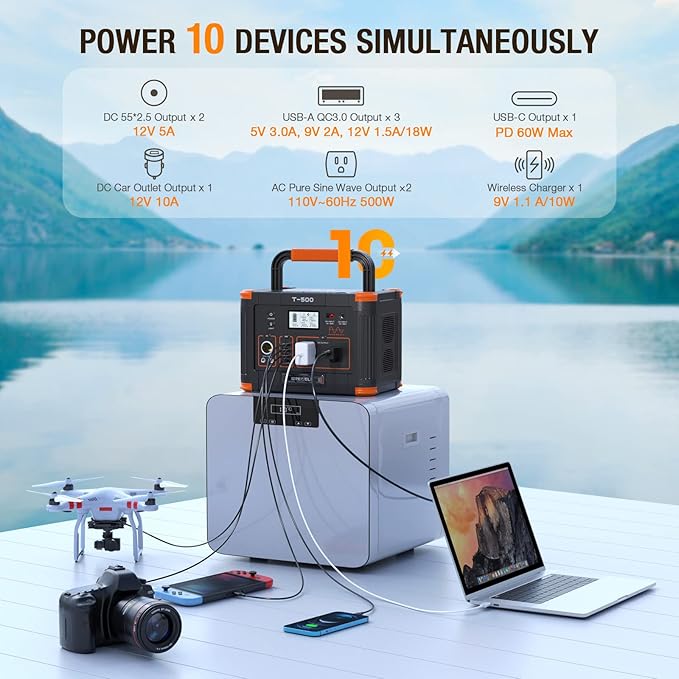 Portable Power Station 500W(Peak 1000W) 519Wh Outdoor Solar Generator Backup Battery Pack with 2 110V AC Outlets 500W 10-Port Powerhouse for RV/Van Camping Fishing Climbing Road Trip Home Emergency