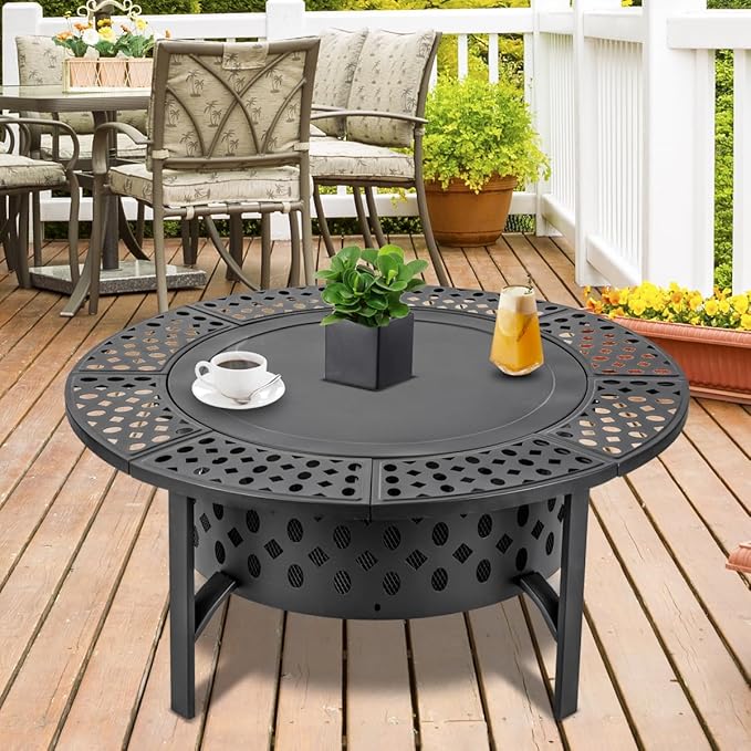 OutVue 42 Inch Fire Pit with 2 Grills Extra Large Wood Burning Fire Pits for Outside with Lid &amp Poker Heavy Duty FirepitBBQ&amp Outdoor Firepit &amp Round Metal Table 3 in 1 for Patio Picnic