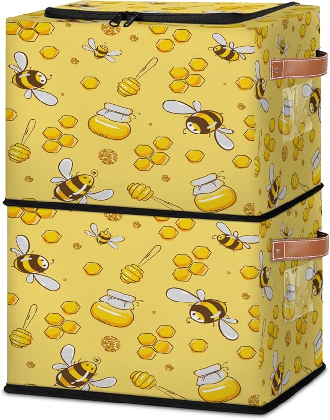 KOBLEN Animal Bee Pattern Storage Basket Collapsible Rectangular Storage Bins with Zipper Lid Handle Closet Shelf Cloth Organizer Basket for Nursery Bedroom Clothes Toy