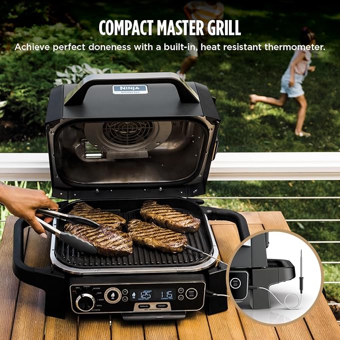 Ninja OG751 Woodfire Pro Outdoor Grill Built-In Thermometer7-in-1 Master GrillBBQ Smoker&amp Outdoor Air Fryer Plus BakeRoastDehydrate &amp BroilWoodfire TechnologyWeather-ResistantGrey XL