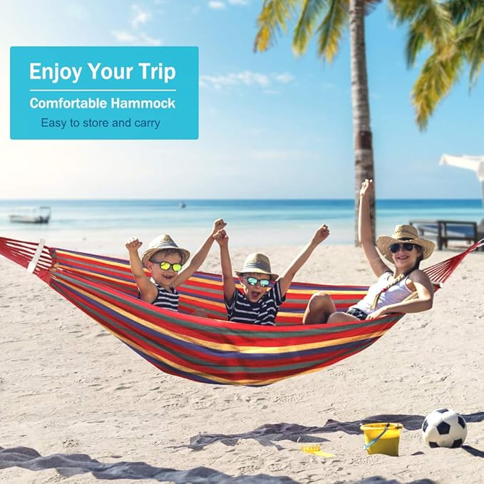 Outerman 275 x 155 cm Camping Hammock Hammocks Thickened Canvas Fabric with 550lb Load Capacity Two Anti Roll Balance Beam and Sturdy Metal Knot Tree Straps for Travel Beach Backyard etc.