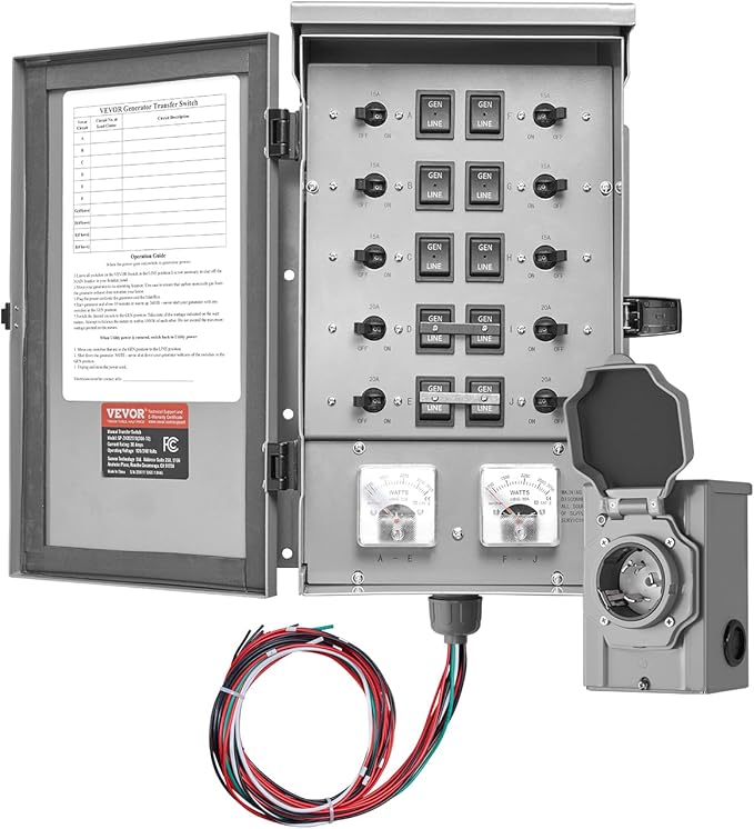 VEVOR Manual Transfer 30-Amp 10-Circuit Prewired Generator Transfer Kit with NEMA L14-30P Power Inlet Box Double-Throw NEMA 3R Mechanical Watt Meter for 7500W Generators