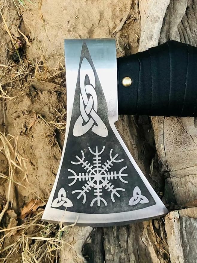 12 Inches Length || Carbon Steel Viking Axe || Viking Axe || Bearded Axe || Wooden Handle || Engraved Design Axe || Medieval Style || Collectible Axe || Leather Sheath.