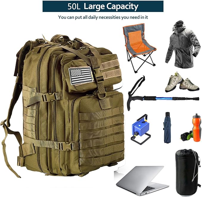 50L Sturdy Nylon Waterproof Fishing Hunting Backpack Outdoor Military Rucksacks Tactical Sports Camping Hiking Bags (Khaki)