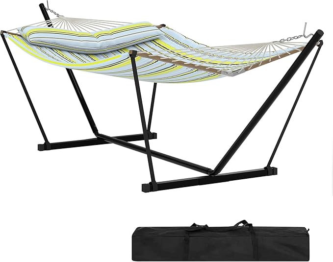 2 Person Double Hammock with Adjustable Steel Stand &amp Pillow Heavy Duty Portable Outdoor Hammock Set MAX 450 LBS Weight Capacity for Patio Garden Beach Backyard