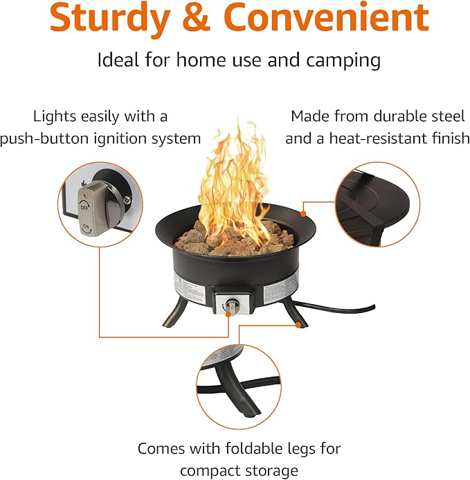 Amazon Basics Portable Propane Fire Pit 19 inch Round Gas for Patio 55000 BTU Carry Strap Heat Warmth and Ambience