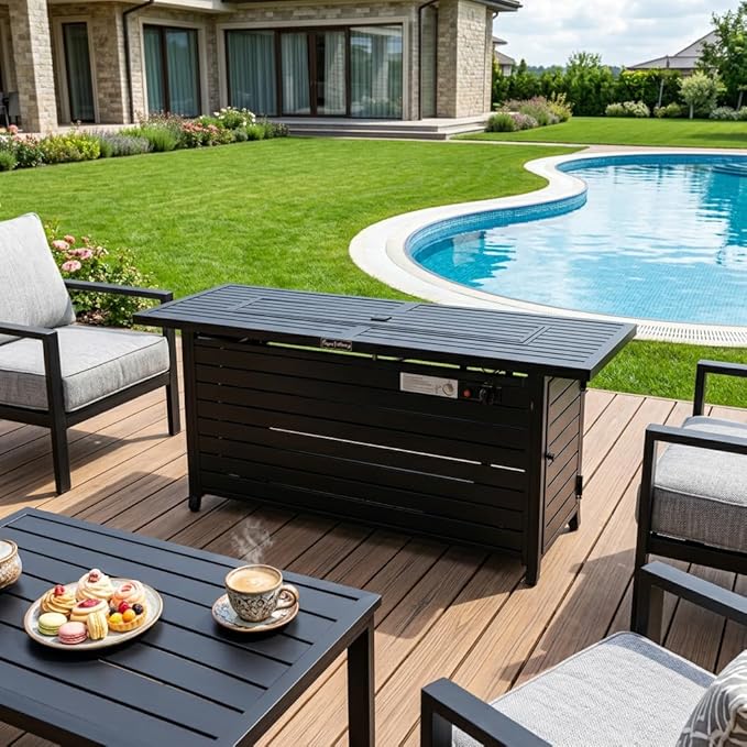 LEGACY HEATING 57 inch Propane Fire Pit Table Outdoor Gas Fire Pit Table 50000BTU Fire Table with Lid Retangular Black Firepit Table for Garden Backyard Deck Poolside Party