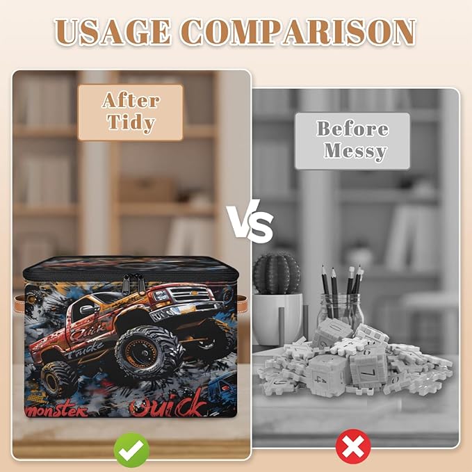 Storage Bin with Lid Stackable Closet Storage Bins Cool Trucks Decorative Bedroom Organizer Box Lidded Baskets Living Room Storages Boxes Cube Organizer Cute Container with Handles