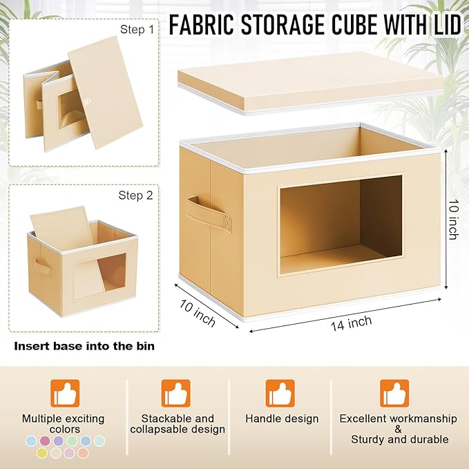 Threehoney 10 Pcs Fabric Storage Cubes with Lids and Clear Windows 14x10 Inch Foldable Closet Organizer Bins Aesthetic Pastel Storage Bins for Shelves Dorm Essentials Craft &amp Office Organization