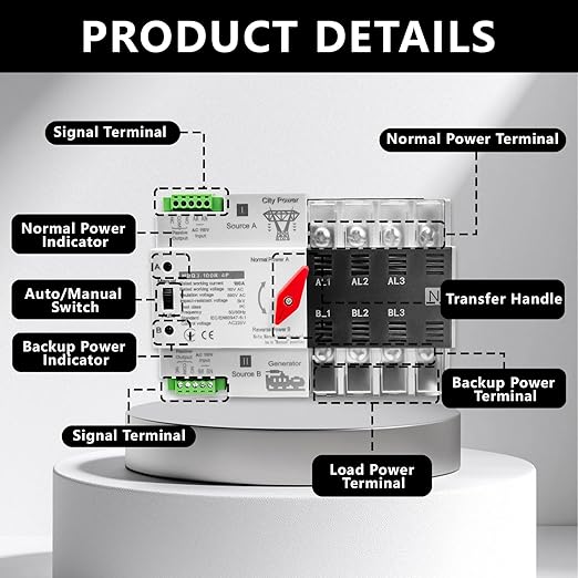 Mini ATS Automatic/Manual Transfer Switch 4P 100A AC110V W2R 50/60HzAuto Dual Power Switch for Home Generatorwith Din Rail