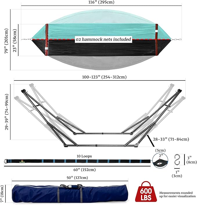 Tranquillo Combo x2 Hammocks with Stand for Outside &amp Tree Straps Heavy Duty Hammock with Stand 600lbs for Indoor Outdoor Patio Backyard x2 Hammocks for 2 Person (Combo - Sky Medium)