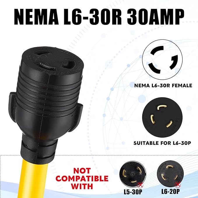 Tellegloww NEMA L14-30P to L6-30R Generator to Welder Adapter 25FT 30 Amp 4 Prong Male to 3 Prong Female Adapter Generator Welder EV Charger Power Cord 10 AWG STW ETL Listed