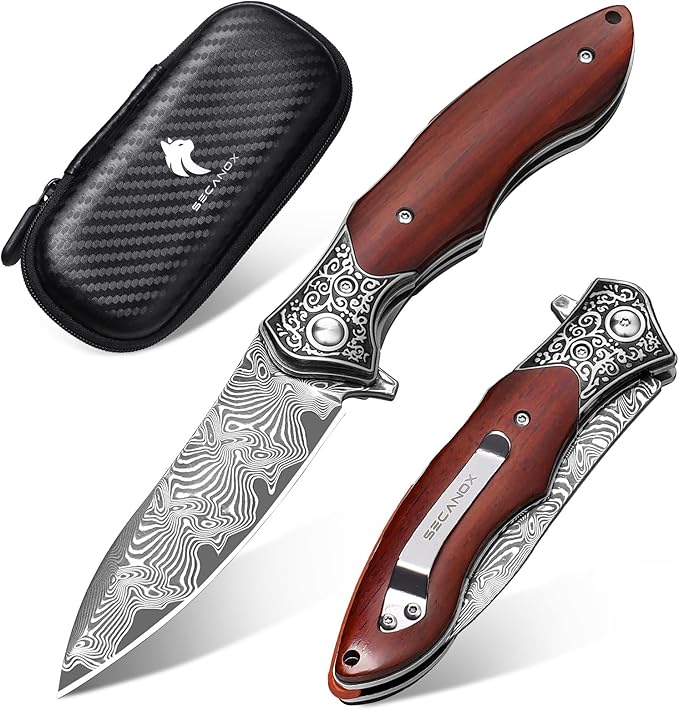 Damascus Pocket Knife Sharp 3.54 Damascus Steel Folding Knives with Wood Handle EDC Knife for Camping Hiking Collection