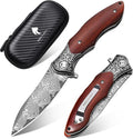 Damascus Pocket Knife Sharp 3.54 Damascus Steel Folding Knives with Wood Handle EDC Knife for Camping Hiking Collection