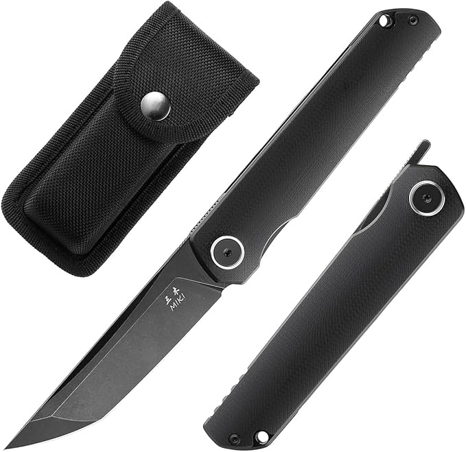 Miki Pocket Samurai Folding Knife G10 Handle Tanto w/ D2 Plain Blade Outdoor Camping Hiking Knife Fishing And Everyday Carry nique Tool Gift for EDC Men Women (Black-B)