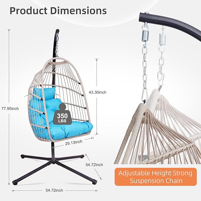Foldable Hanging Egg Chair with Stand HDPE Rattan and Heavy Duty Aluminum-Steel Frame Outdoor Patio Wicker Swing Egg Chair with Headrest and Cushioned 350 Lbs Capacity (Blue)