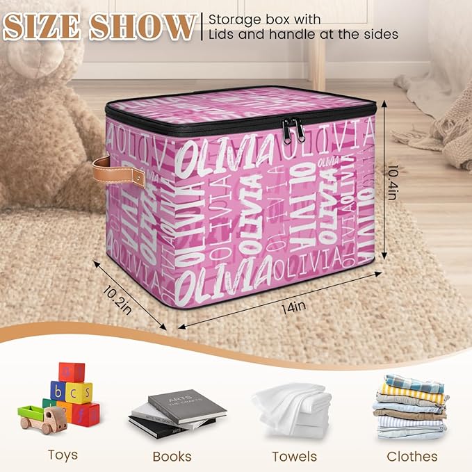 Custom Storage Bins with Zipper Lid Personalized Pink White Fabric Lidded Storage Baskets Boxes Foldable Cubes Clothes Organizer Container