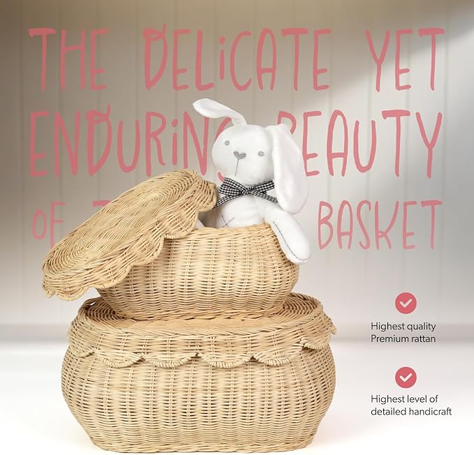 2pcs Hand Woven Rattan Scallopped Baskets with Lid Small Rattan Basket Decorative Wicker Storage Baskets Storage Basket for Living Room Bathroom Bedroom Food Bread Picnic