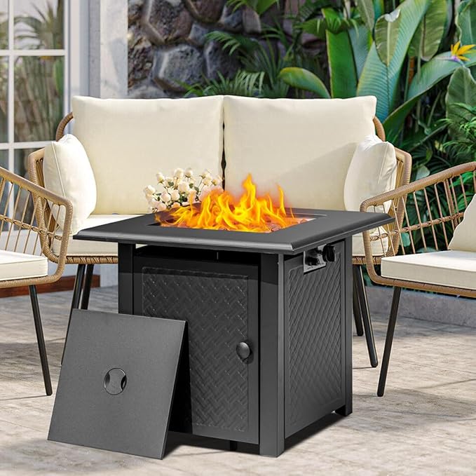 28 Inch Propane Fire Pit Table 50000 BTU Steel Gas Fire Pits for OutsideOutdoor Gas Firepit with Lid and Lava Rocks Propane Firepit for Paito Garden BackyardAdd Warmth to Gatherings