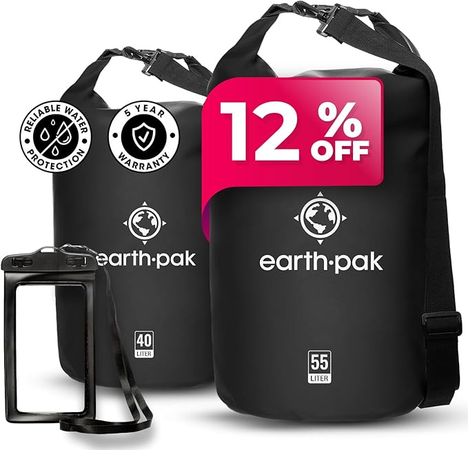 Earth Pak Waterproof Dry Bag - Roll Top Waterproof Backpack Sack (Black 40L &amp 55L)