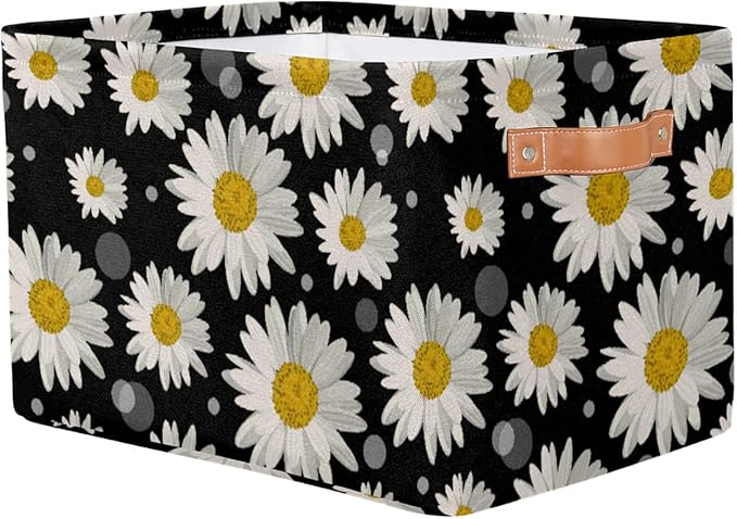 Pardick Daisy Storage Basket Bins Flower Floral Toys Books Clothes Canvas Storage Box Cubes Rectangular Collapsible with Handles for Bedroom Nursery Home Office Decor Organizer Basket