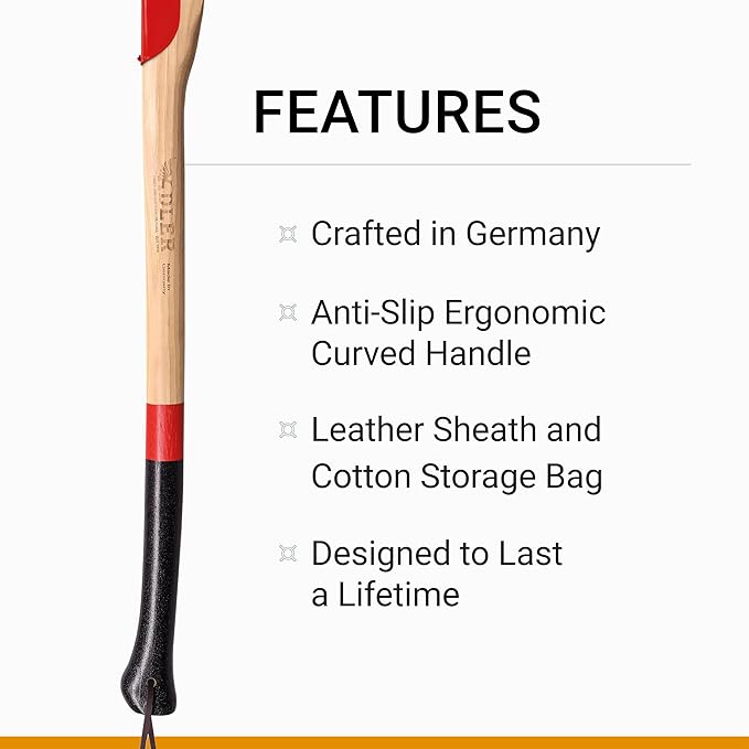 Adler – The Long Splitter Axe – German Made Heavy-Duty Wood Splitting Tool 31.5 Anti-Slip Hickory Handle w/Leather Sheath 4-1/2 lb Head Splits Logs up to 10 inches for Camping &amp Firewood (A10