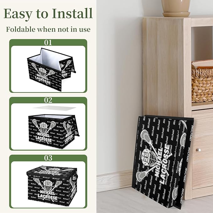 Lacrosse Custom Storage Bins with Lid Foldable Fabric Personalized Storage Basket Box with Handle Storage Organizer Container for Home Bedroom Closet