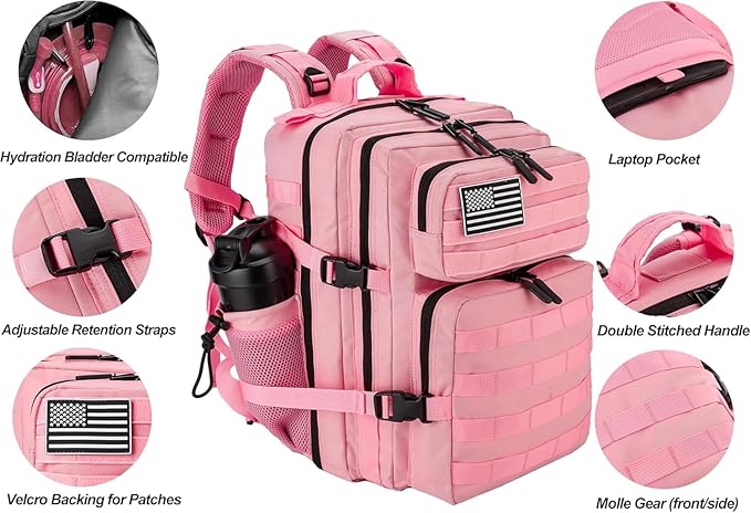25L Small Tactical Hiking Backpack for Women Training Gym Fitness Bag Outdoor Camping Backpacks Travel Waterproof (Pink)