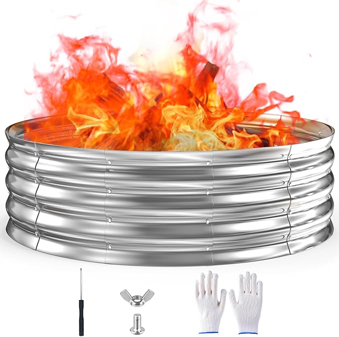 60 Inch Fire Pit Ring 5FT Galvanized Steel 12 Raised Heavy Duty Wood Burning Fire Pits&ampOutdoor Fireplace Heat Resistant Campfire Ring with Spark Guard for Outdoor Backyard Patio &amp Camping