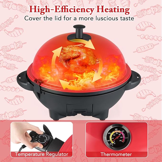 1200W Electric Grill Outdoor 2-in-1 Freestanding &amp Tabletop BBQ Grill w/Thermometer Nonstick Griddle Lid &amp Drip Tray Portable Camping Grill for Patio Backyard Party (Red)