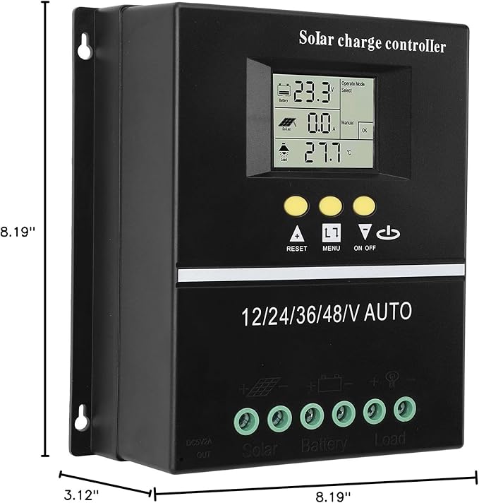 MPPT Solar Panel Regulator Professional Efficient 12V 24V 36V 48V Solar Controller 7 Working Modes Solar Panel Controller with Dual USB 5V Charging Ports (200A)