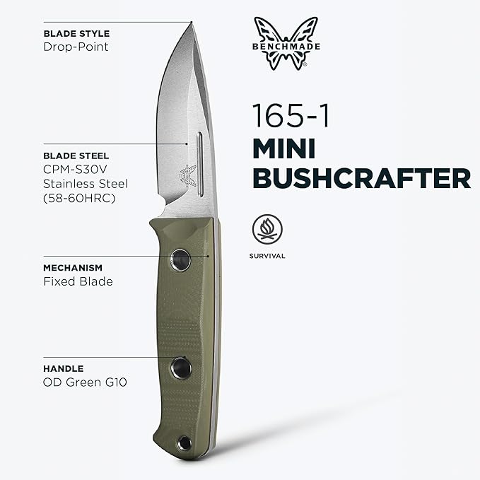 Benchmade - Mini Bushcrafter Outdoor Survival Knife with OD Green G10 Handle (165-1)