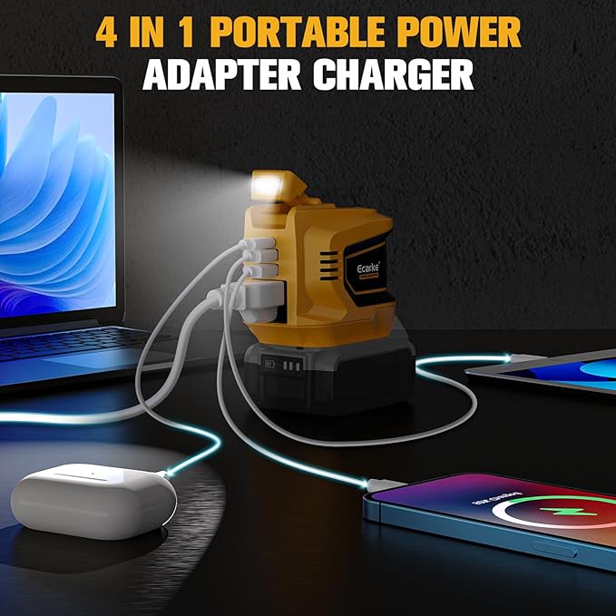 Ecarke 200W Portable Power Inverter Compatible with DeWALT 20V Battery DC 18V to AC 110V Power Station with 1 AC Outlet 2 USB 1 Type-C &amp LED Light for Outdoor Emergency Use (No Battery)(2-Pack