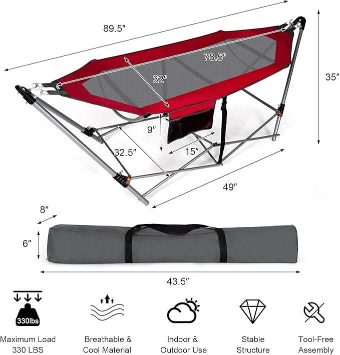 Portable Folding Hammock w/Side Pocket Lounge Camping Bed w/Metal Stand &amp Anti-tip Buckles Outdoor Camping Hammock with Carrying Bag for Patio Garden Yard Easy Assembly (Red)
