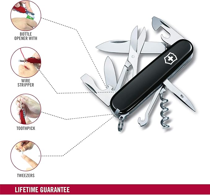 Victorinox Climber Swiss Army Knife 14 Function Swiss Made Pocket Knife with 2 Blades Corkscrew and Screwdriver - Black