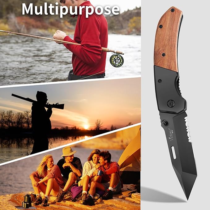 Vickay Pocket Knife Folding Knife with Clip - 3.54″ Black Serrated Steel Blade Wood Handle EDC Knife for Men &amp Women Outdoor Camping Tactical Hunting Hiking Survival - Father’s Day Gift