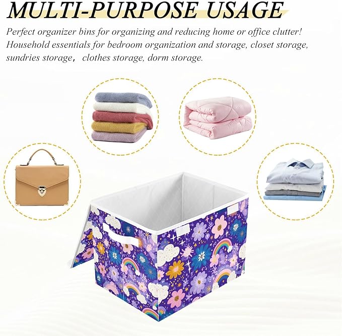 Collapsible Storage Bins with Lids Decorative Fabric Storage Cubes Closet Organizer and Storage Basket Boxes Containers for Clothes Box Chest Nursery Folding Rectangle Purple Rainbows Stars