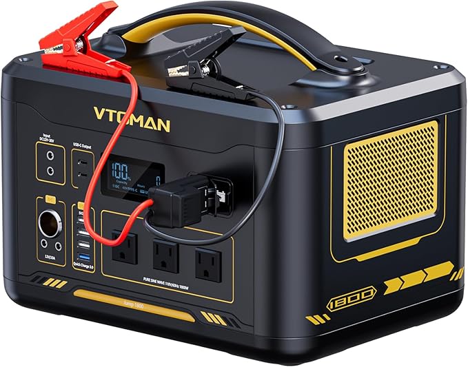 VTOMAN Jump 1800 Portable Power Station &amp12V Car Jump Starter 1548Wh LiFePO4 Battery Solar Generator with Jumper Cable 1800W 3xAC Outlets 2xPD 100W for Camping Roadside Rescue