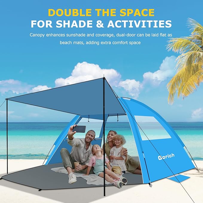 Gorich Beach Tent with Canopy - Easy Setup 3-4/5-6/7-8 Person Portable Sun Shelter UPF 50+ UV Protection Sun Shade Lightweight &amp Compact Beach Cabana for Family Travel