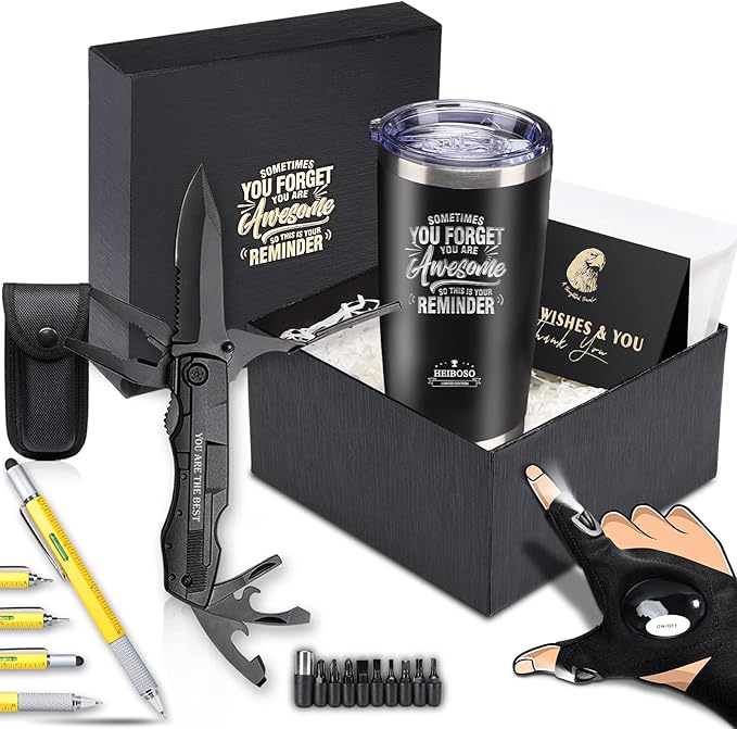 Gifts for Men - 6-in-1 Gift Set with Stainless Steel TumblerMulti-Tool KnifeLED Gloves &amp Tool Pen Keepsake Box | Last Minute Birthday Father's Day Anniversary Box Gifts for DadHusband