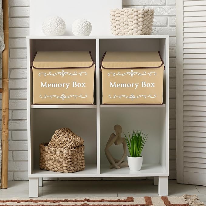 LemonRoad 2Pcs Memory Box Keepsakes for Kid Memory Decorative Storage Box Bin with Lid for Baby Wedding Travel Birthday Anniversary Precious Milestones Gift Loved Ones Treasured 16x12x12''(Linen)