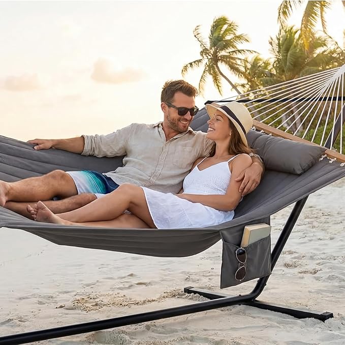 GAFETE 2 Person Hammock with Stand for Outside Heavy Duty Steel Stand 55inch Double Hammocks Large Removable Pillow Storage Bags Max 475 lbs Capacity (Haze Gray)
