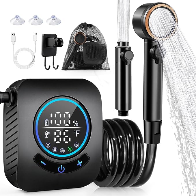 AUTOPkio Portable Shower 8000mAh Rechargeable Camping Shower Pump with 5 Speed Modes LED Display IPX8 Waterproof 10 L/min Electric Outdoor Shower Kit for Travel Car RV Hiking Beach Pet