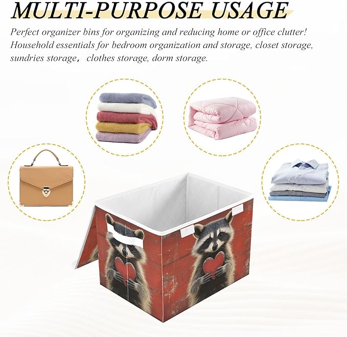 AIXIWAWA Lidded Storage Cube (Heart Raccoon) Fabric Foldable Closet Bins with Flip Lid and Handles Organizer Basket Container 16.5 x 12.6 x 11.8 IN
