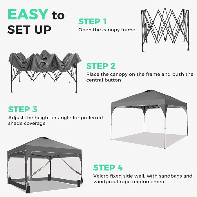 GDY 10x10 FT Pop Up Canopy Tent with One Push SetupSetup Gazebo with 4 PVC Transparent SidewallsEasy Carry for Events Parties Camping Gray
