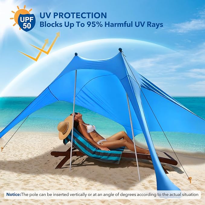 Beach Tent Shade Canopy with UPF50+ Protection Sun Shelter Umbrella Portable Camping Tents with Sandbags Poles and Ground Pegs and Anti-Wind Ropes for Beach Outdoor Camping Backyard Picnics 7.5X7.5Ft